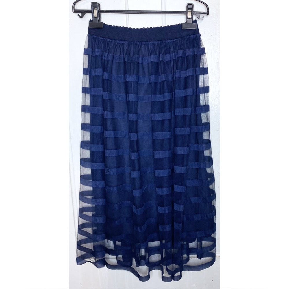Metro Wear : size : SP : navy blue scalloped trim striped mesh tulle maxi skirt